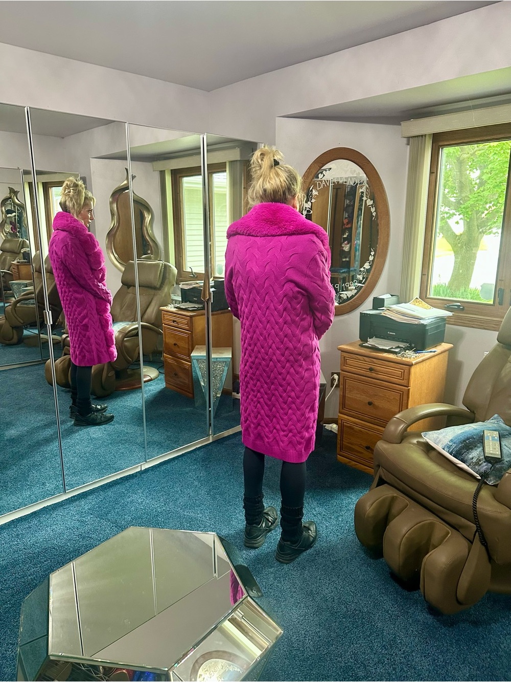 AKIRA Bold Fuchsia faux fur Knit Cardigan with Plush Trim - Picture 11 of 13